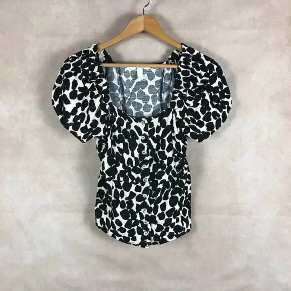 H&M Puff-Sleeve Linen Blend Printed Top Size US 8 (Medium) - Picture 4 of 7
